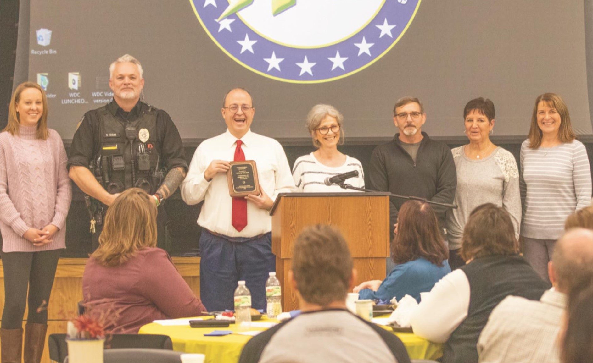 Pictured receiving the Outstanding Business Awards below are: City-Lizabeth Maurer, Dave Clark, Jeff Horne, Me, Light Plant-Pete Smith, Kathy Hartman, Lori Brown. 